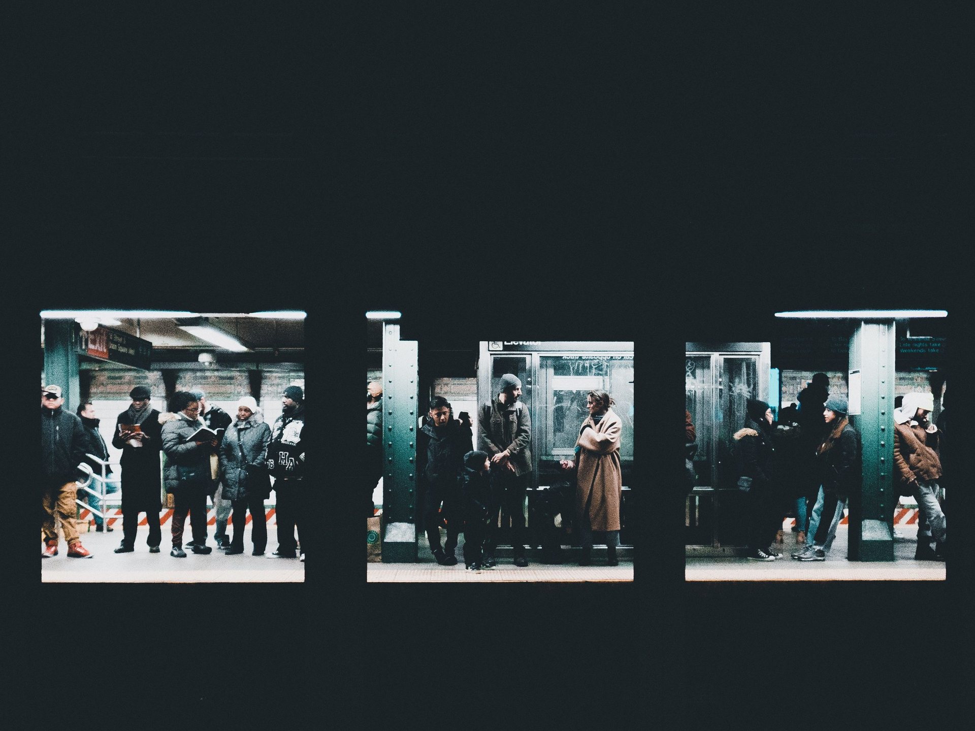 Subway platform in three frames — passengers waiting.