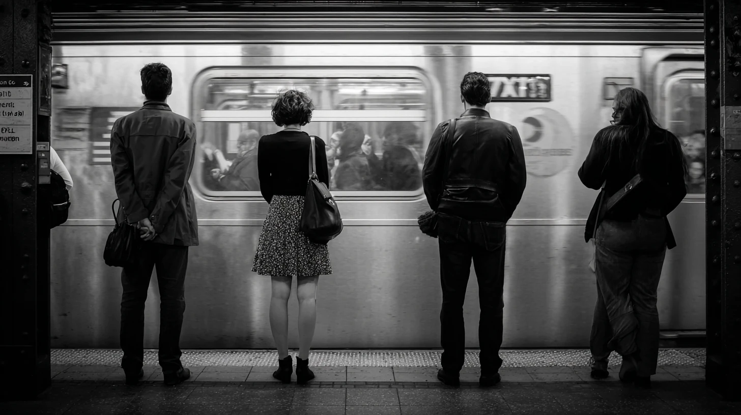 Personas esperando frente a un tren en una plataforma de subte, dentro de un sistema público compartido.